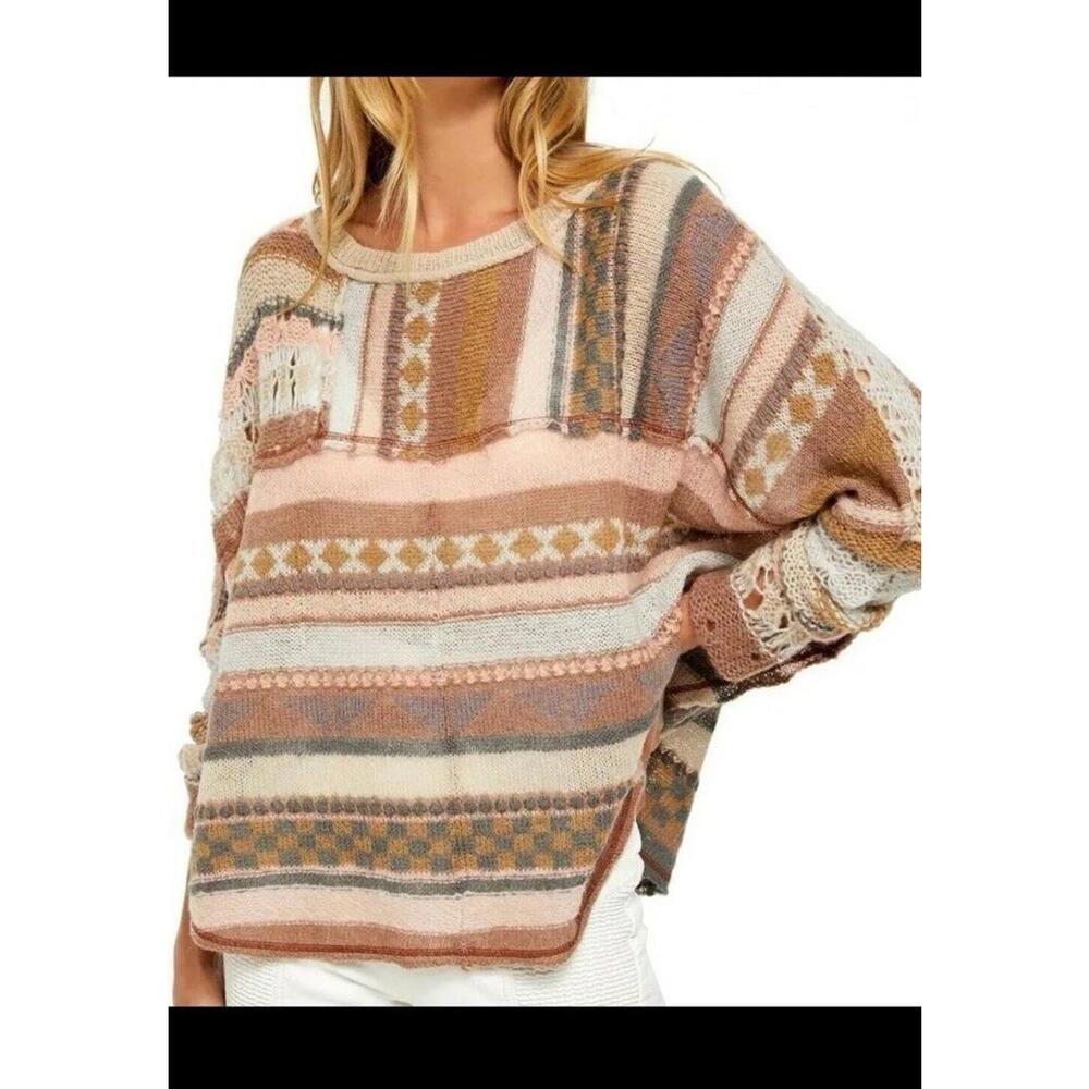 FREE‎ PEOPLE DECEMBER SKIES STRIPED KNIT PONCHO SWEATER FOREST COMB Small $168
